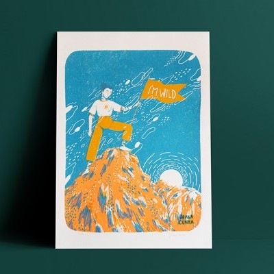 Cartaz ilustrado com pessoa em montanha segurando bandeira MOMILD