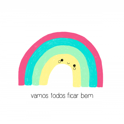 Desenho colorido de arco-íris sorridente com texto positivo em português.