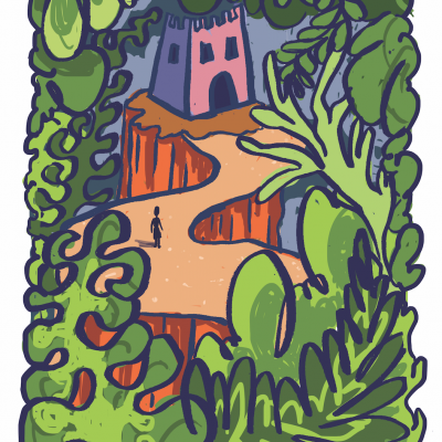 Ilustração de castelo cor-de-rosa ao fundo e caminho castanho rodeado de folhas verdes