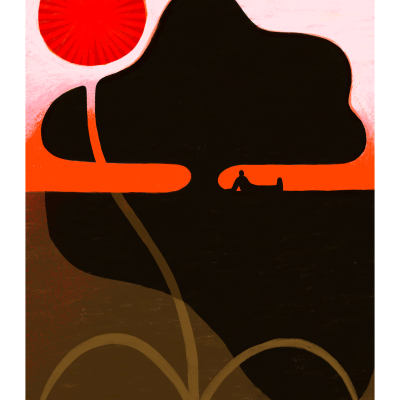 Ilustração abstrata com árvore preta, sol vermelho e figura humana sentada