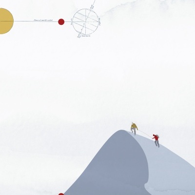 Ilustração de montanha azul com duas pessoas a escalar e diagrama astronómico no canto superior esquerdo.