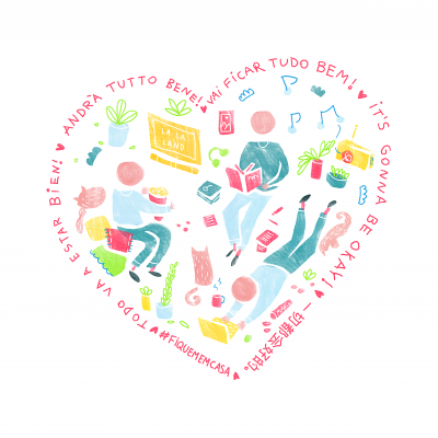 Desenho colorido de quatro pessoas e objetos dentro de um coração formado por palavras em várias línguas.