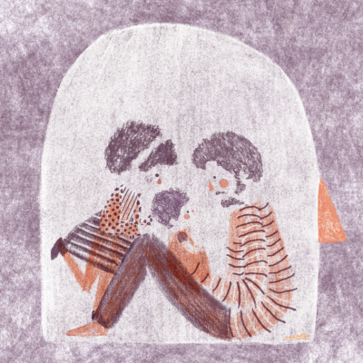 Desenho de três pessoas sentadas em círculo com roupas às riscas, fundo roxo.