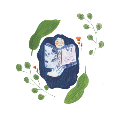 Ilustração de pessoa lendo livro com folhas e flores ao redor