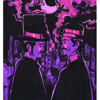 Ilustração de duas figuras masculinas com cartolas e fumaça, cidade ao fundo à noite