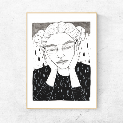 Ilustração preto e branco de mulher melancólica com gotas de chuva em moldura de madeira na parede