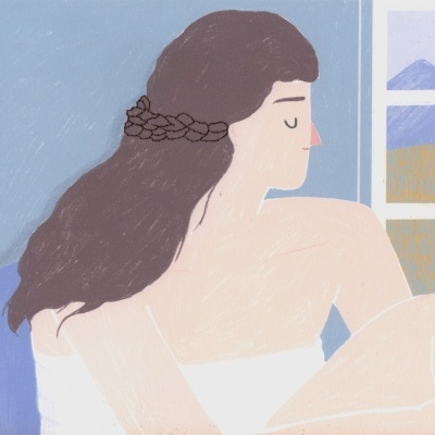 Ilustração de mulher sentada de lado com cabelo trançado e janela ao fundo