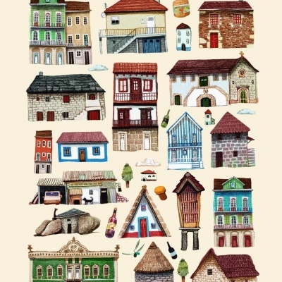 Ilustração de casas tradicionais portuguesas coloridas em diferentes estilos arquitetónicos.