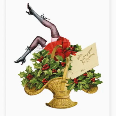 Ilustração vintage de cesto dourado com folhas verdes, bagas vermelhas, laço vermelho, pernas femininas e cartão de Natal