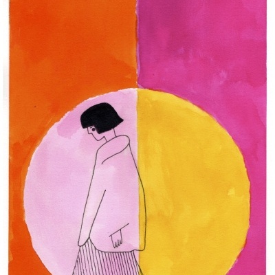 Pintura estilizada de mulher com casaco branco e saia riscada sobre fundo colorido vibrante