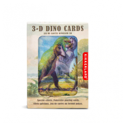 Caixa de cartas 3-D Dino Cards com ilustração de dinossauros e marca KIKKERLAND