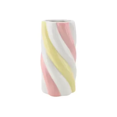 Vaso cilíndrico torcido em cerâmica com listras coloridas rosa, amarelo e branco