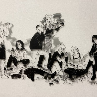 Ilustração a preto e branco de sete pessoas em várias poses descontraídas numa parede