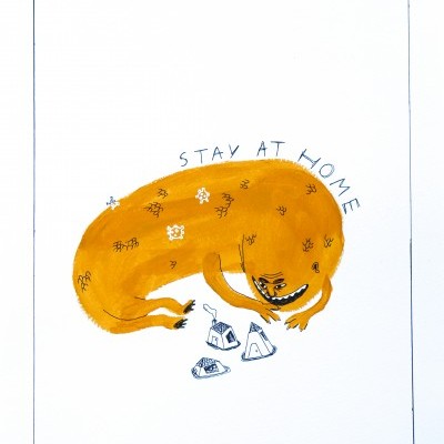 Desenho de criatura alaranjada com flores e texto Stay At Home