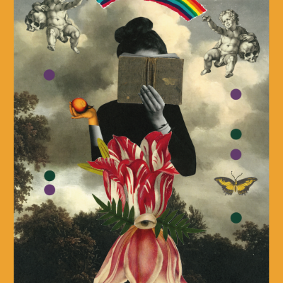 Colagem artística com figura humana, livro, flor vermelha e branca com olho, anjos, arco-íris e borboleta
