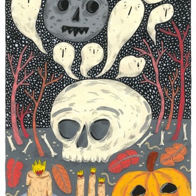 Ilustração Halloween com crânio, abóbora, velas e fantasmas no fundo negro