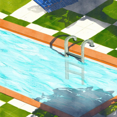 Piscina retangular com azulejos brancos e verdes, escada metálica, toalha azul com padrão floral e sombras de árvores