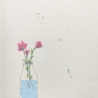 Desenho de flores cor-de-rosa num jarro com água azul em fundo branco