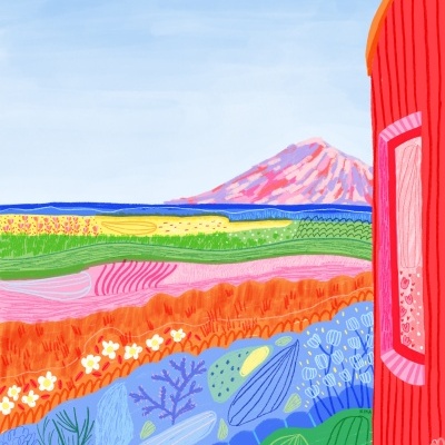 Paisagem colorida com campos e flores ao lado de estrutura vermelha com janela