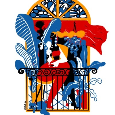 Ilustração de duas figuras numa varanda com janela arredondada e formas coloridas