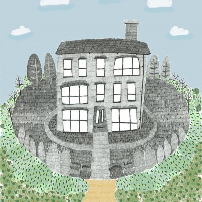 Desenho de casa cinzenta rodeada por muro e vegetação com céu azul e nuvens.