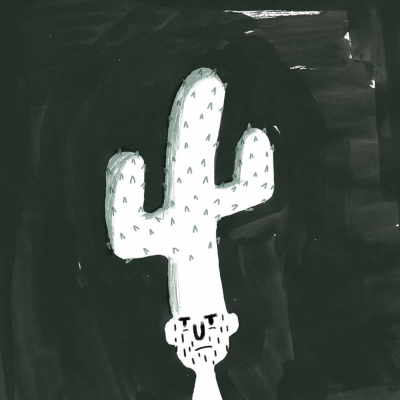 Desenho preto e branco de um cacto estilizado com três braços sobre fundo escuro