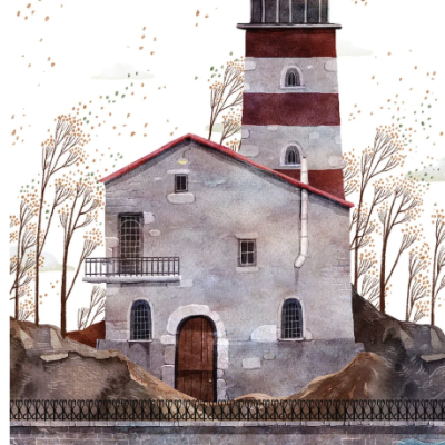 Farol com casa cinza e mar agitado em aquarela
