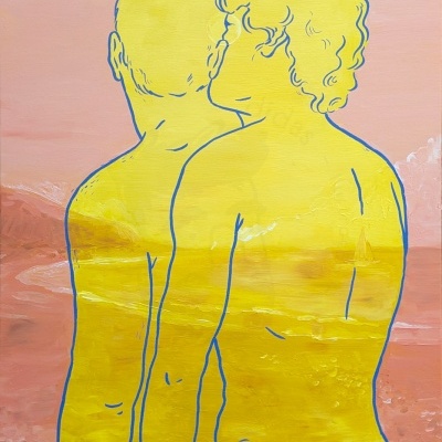 Pintura de duas figuras humanas amarelas com contornos azuis num fundo rosa