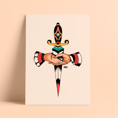 Cartaz com ilustração de adaga colorida atravessando mãos abraçadas.