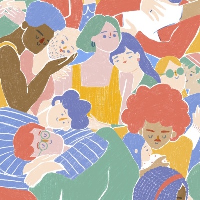 Ilustração colorida de várias pessoas abraçadas em roupas de várias cores.