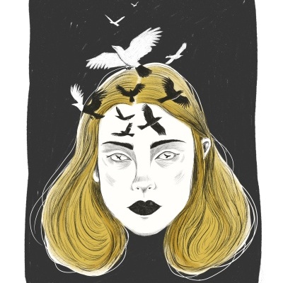 Desenho digital de mulher com cabelo loiro e pássaros a voar sobre a cabeça