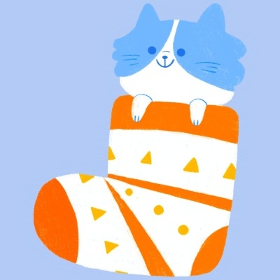 Ilustração de meia com cabeça de gato em fundo azul