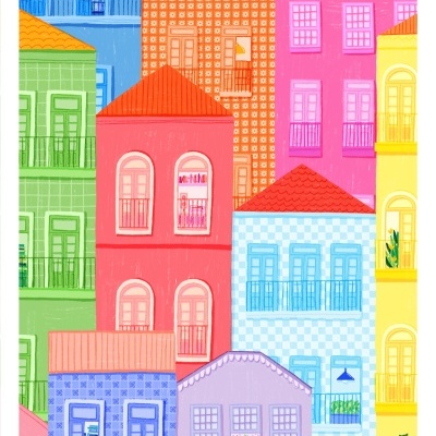 Ilustração de prédios coloridos com janelas e varandas