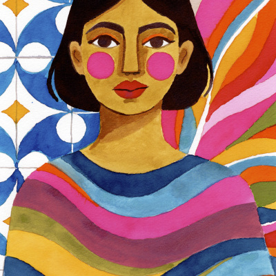 Ilustração colorida de mulher com o cabelo castanho curto e camisa de riscas coloridas