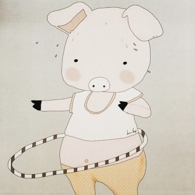 Desenho de um porquinho com hula hoop em fundo bege claro