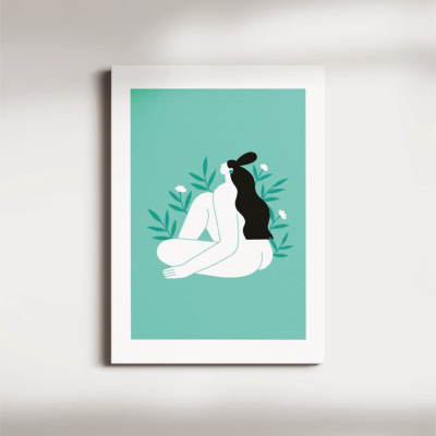 Quadro decorativo com ilustração de mulher sentada em fundo verde água