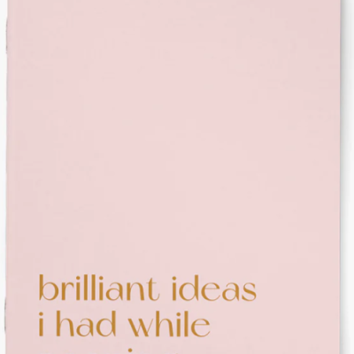 Caderno rosa com texto dourado 'Notebook of brilliant ideas i had while pooping.'