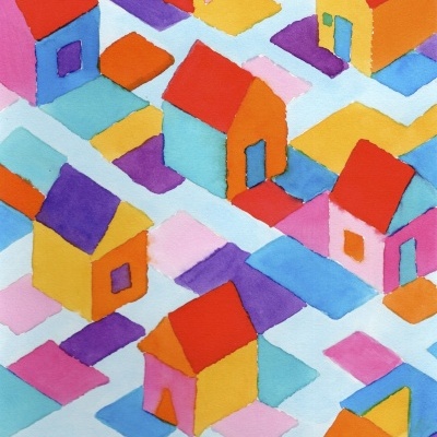 Aquarela de casas coloridas com telhados vermelhos num padrão geométrico