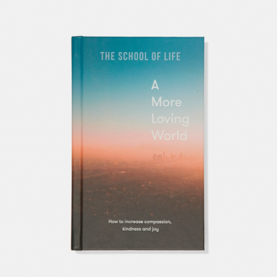 Livro 'A More Loving World' com capa gradiente azul e rosa e subtítulo em inglês.