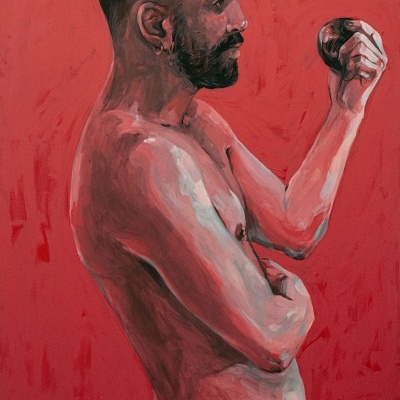 Ilustração de homem segurando uma maçã contra fundo vermelho