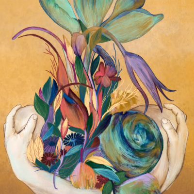 Mãos segurando flores coloridas em pintura sobre fundo bege