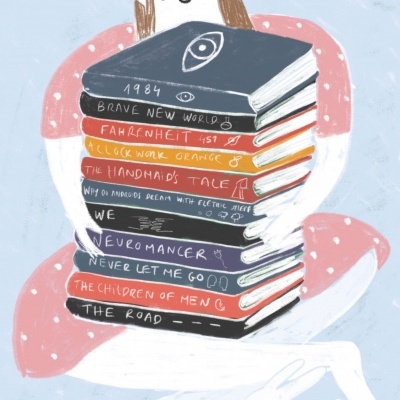 Ilustração de pessoa com vestido rosa segurando livros e coelho branco no chão