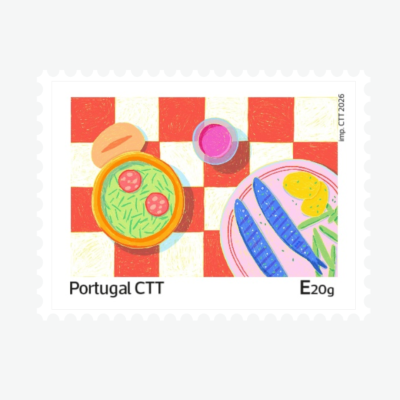 Selo postal com ilustração de comida sobre fundo xadrez vermelho e branco