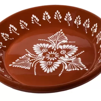 prato fundo cerâmica castanha com padrão floral branco