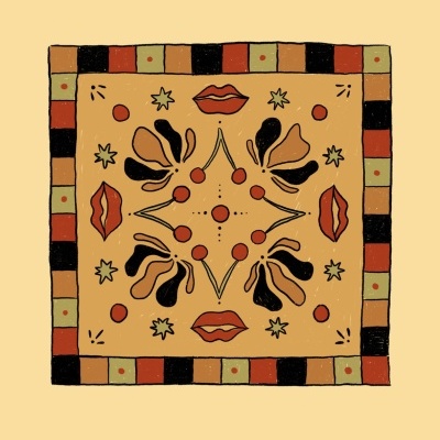 Pano decorativo com padrão geométrico e motivos de bocas e folhas em tons terra.