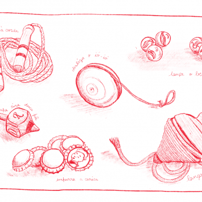 Desenho a vermelho de vários brinquedos tradicionais, como corda de saltar e pião.