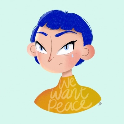 Ilustração de personagem com cabelo azul e camisola amarela com texto