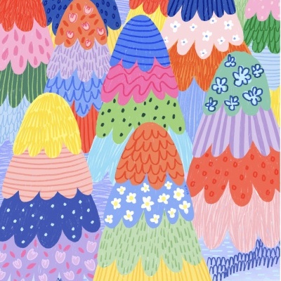 Padrão colorido de árvores estilizadas com várias cores e texturas