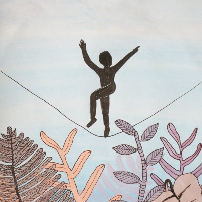 Ilustração de figura humana em silhueta equilibrando-se em fio com plantas coloridas ao fundo