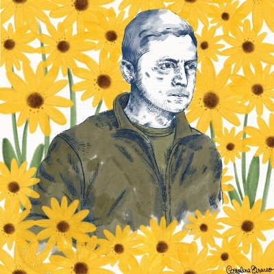 Ilustração de homem com casaco verde entre flores amarelas